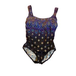Robby Len Woman’s One Piece Scoop Neck Peacock Swimsuit Size 10